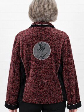K.D.Spring M L Burgundy Black Chenille Asian Themed Zip Front Casual Jacket